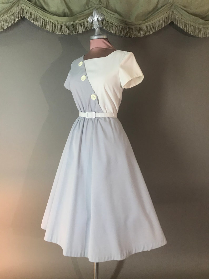 80s dress 1980s vintage TWO TONE GRAY white fit and flare cotton full skirt dress
