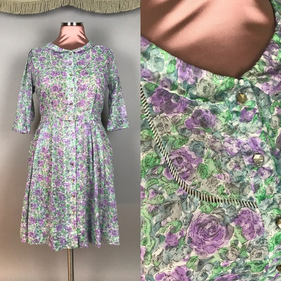 1960s dress vintage 60s FLORAL PRINT PURPLE Green