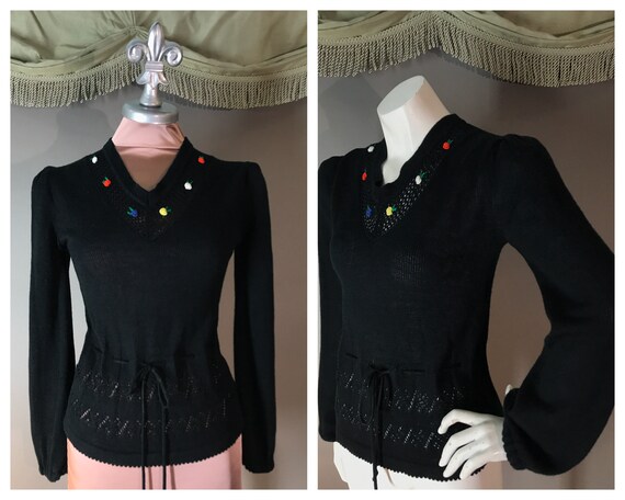 1970s Sweater Vintage 70s BLACK Folkloric FLOWER p