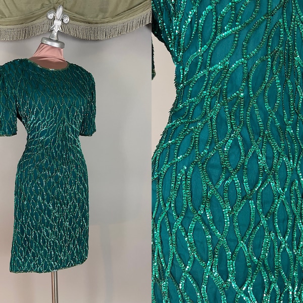 1980s dress vintage 80s EMERALD GREEN SEQUIN beaded cocktail party dress