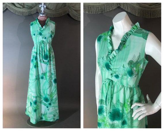 1970s dress vintage 70s GREEN HAWAIIAN WATERCOLOR
