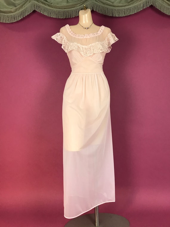 1950s nightgown vintage 50s SHEER PINK NYLON lace… - image 2