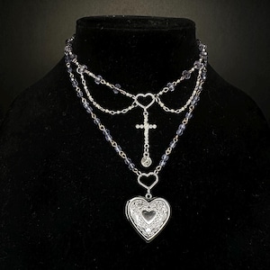 Mixed Purple Metal Cross Charm Choker Necklace