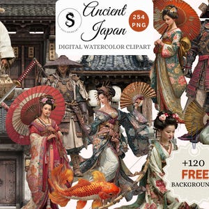 Peut inclure: Clipart numérique à l'aquarelle intitulé "Ancient Japan", représentant des geishas, des samouraïs et de l'architecture japonaise traditionnelle. L'image comprend des épées, des éventails et des carpes koï, avec une palette de couleurs rouges, vertes et dorées.