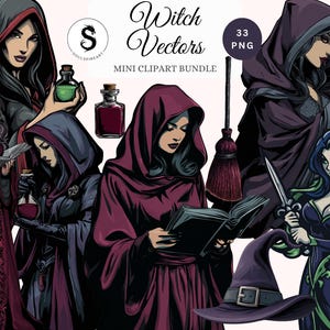 May include: Digital clipart bundle titled "Witch Vectors" featuring illustrations of witches in various poses, holding potions, books, and a broom. The images are in shades of purple, black, and red, with a witch hat and a dagger.