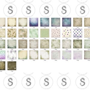 May include: A collection of digital scrapbook paper designs in various styles. The designs include floral, watercolor, and textured backgrounds in shades of green, purple, and brown. Each design is square and labeled with a number.