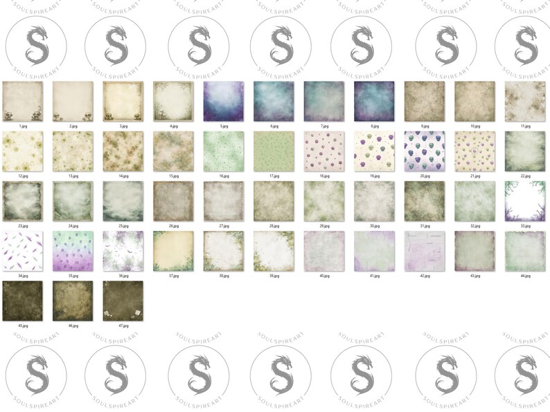 May include: A collection of digital scrapbook paper designs in various styles. The designs include floral, watercolor, and textured backgrounds in shades of green, purple, and brown. Each design is square and labeled with a number.