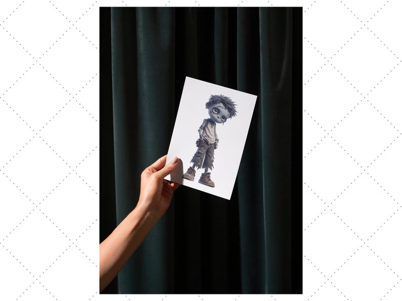 May include: A white card featuring a cartoon illustration of a zombie boy with gray skin, torn pants, and brown boots. The card is held against a dark green curtain background.