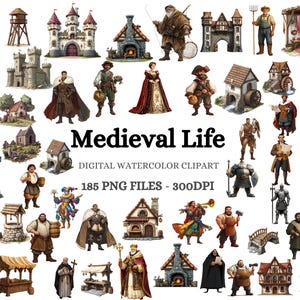 Pacchetto di clipart acquerelli di vita medievale - Edifici medievali, personaggi e scene di villaggio, clipart fantasy, compatibile con POD (185 immagini)