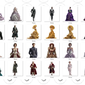 Pu&ograve; includere: Una collezione di illustrazioni digitali raffiguranti personaggi storici in abiti d'epoca. Le immagini mostrano vari stili di abiti, completi e cappotti, con trame dettagliate e colori vivaci. La collezione comprende personaggi maschili e femminili.