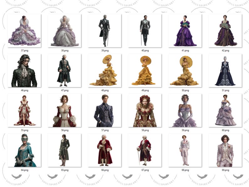 Pu&ograve; includere: Una collezione di illustrazioni digitali raffiguranti personaggi storici in abiti d'epoca. Le immagini mostrano vari stili di abiti, completi e cappotti, con trame dettagliate e colori vivaci. La collezione comprende personaggi maschili e femminili.