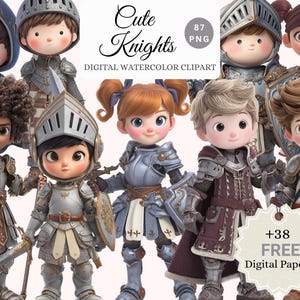 Puede incluir: Clipart digital de acuarela con adorables caballeros de dibujos animados con armadura completa. La imagen incluye varias figuras con varios peinados y expresiones, sosteniendo espadas y escudos. El texto dice "Cute Knights" y "Digital Watercolor Clipart".