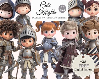 Watercolor Cartoon Knights Clipart Bundle: Medieval Characters & Digital Papers (87 PNGs, POD License