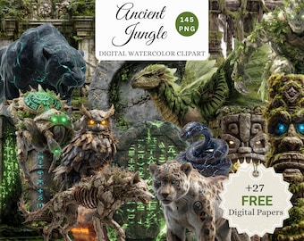 May include: Digital watercolor clipart titled "Ancient Jungle" featuring various fantasy creatures like a panther, dragon, owl, and jaguar. The image includes the text "145 PNG" and "+27 FREE Digital Papers".