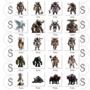 May include: A collection of digital art images featuring various fantasy creatures. The images include minotaurs, a pegasus, a satyr, and other mythical beings. Each image is labeled with a number and the file extension .png.