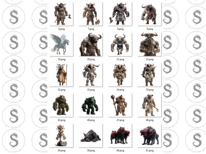 May include: A collection of digital art images featuring various fantasy creatures. The images include minotaurs, a pegasus, a satyr, and other mythical beings. Each image is labeled with a number and the file extension .png.