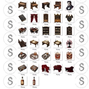 May include: A collection of vintage-style furniture, decor, and accessories, including a wooden desk, a bookshelf, a table with chairs, a candelabra, and a bottle of liquor. The items are arranged in a grid pattern on a white background.