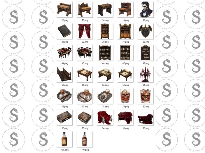 May include: A collection of vintage-style furniture, decor, and accessories, including a wooden desk, a bookshelf, a table with chairs, a candelabra, and a bottle of liquor. The items are arranged in a grid pattern on a white background.