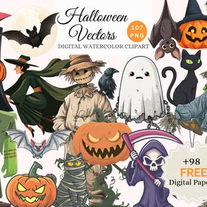 Może przedstawiać: Zestaw cyfrowych clipartów akwarelowych z różnymi postaciami i elementami Halloween. Zawiera wampira, nietoperze, dynie, wiedźmę, stracha na wróble, ducha, czarnego kota, kota-mumię i ponurą żniwiarkę. Wyświetlany jest tekst "Halloween Vectors".