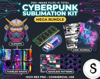 May include: A digital art bundle with a cyberpunk theme. Includes cliparts, tumbler wraps, seamless patterns, and junk journal designs. The image features a samurai helmet, a RAM stick, a USB drive, and other digital art elements. The text reads "Cyberpunk Sublimation Kit".