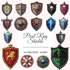 Pixel-RPG-Schilder-Clipart-Bundle - Mittelalterliche Schilde, Fantasy-Spiel-Assets, RPG-Inventar, Pixel Art PNG, Spiel Dev-Grafiken (140 Bilder)