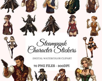Steampunk Character Stickers Clipart Bundle – Victorian Character, Character Design, Sticker Design PNG, POD Friendly (70 Images)