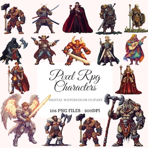 Clipartbundel pixel-RPG-personages: game-items, fantasyhelden en -schurken, pixelsprites, retro gamekunst, POD-vriendelijk (106 afbeeldingen)