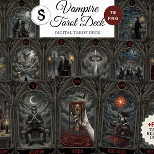 Pode incluir: Um baralho de Tarot Vampiro digital com 79 imagens PNG. As cartas têm um tema gótico com ilustrações de vampiros, arquitetura gótica e símbolos místicos. O baralho inclui cartas com títulos como "O Mágico" e "Espadas".