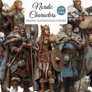 Pacchetto di clipart acquerellate di personaggi nordici - 150 PNG, figure vichinghe e scandinave, adatte a POD, uso commerciale, clipart di alta qualità
