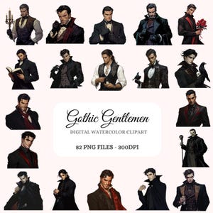 Gothic Gentlemen Aquarell Clipart Bundle - 82 dunkle viktorianische Grafiken, Elegante Gothic Männer PNG Digital Sofortdownload, Kommerzielle Nutzung