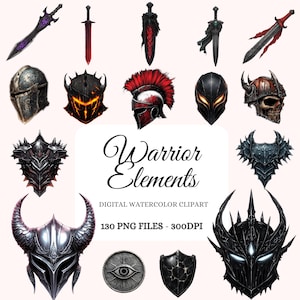 May include: A digital watercolor clipart set of warrior elements, including helmets, shields, and swords. The set includes 130 PNG files at 300 DPI.