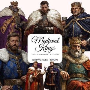 Bundle de cliparts aquarelle rois médiévaux - 132 images PNG de rois royaux, rois guerriers, royauté, couronnes, roi Nobel PNG - téléchargement numérique