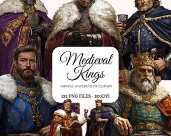 Watercolor Medieval Kings Clipart – 132 PNG Illustrations (Digital Download)