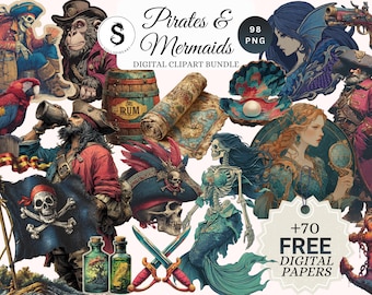 Paquete de imágenes prediseñadas de piratas y sirenas, estilo náutico vintage, 98 PNG + 70 papeles digitales gratuitos