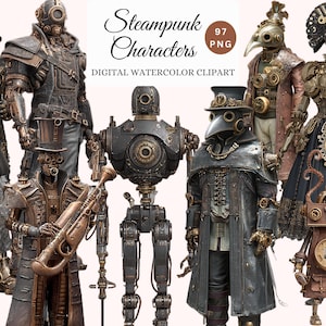Pacote de clipart de personagens 3D Steampunk - 97 PNGs, modelos de recursos de jogo, PNG Steampunk, uso comercial, compatível com POD