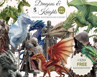 Paquete de imágenes prediseñadas de dragones y caballeros, fantasía medieval PNG (descarga digital)