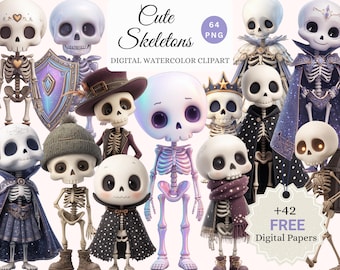 Niedliches Cartoon Skelett Clipart Bundle - 64 PNGs + 42 kostenlose Digital Papiere - bezaubernde Gothic Halloween Kunst für kommerzielle Nutzung
