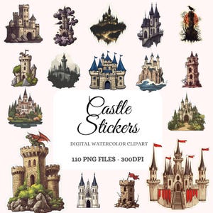 Castle Stickers Clipart Bundle – 110 PNGs of Gothic, Fantasy, Medieval & Haunted Castles, Towers PNG, Baroque Mansions – Digital Download