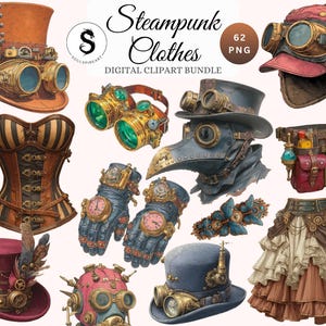 Op de afbeelding: Digitale clipartbundel met diverse steampunk-kleding en accessoires. Inclusief hoge hoeden, brillen, een korset, handschoenen met horloges, een pestdoktermasker, een rok en meer. De afbeelding bevat de tekst "Steampunk Clothes" en "Digital Clipart Bundle".