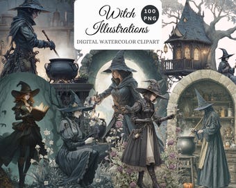 Watercolor Witch Clipart Bundle – Gothic Illustrations (100 PNGs)