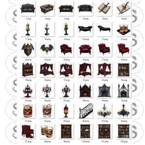 May include: A collection of digital illustrations featuring gothic furniture, decor, and accessories. The images include a variety of items such as couches, chairs, beds, candlesticks, fireplaces, bookshelves, and more. The illustrations are in a dark and moody style, with a focus on detail and realism.