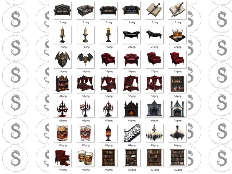 May include: A collection of digital illustrations featuring gothic furniture, decor, and accessories. The images include a variety of items such as couches, chairs, beds, candlesticks, fireplaces, bookshelves, and more. The illustrations are in a dark and moody style, with a focus on detail and realism.