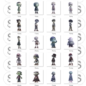 May include: A collection of digital art prints featuring various cartoon zombie characters. Each character is uniquely designed with different outfits, skin tones, and accessories. The images are labeled with numbers.