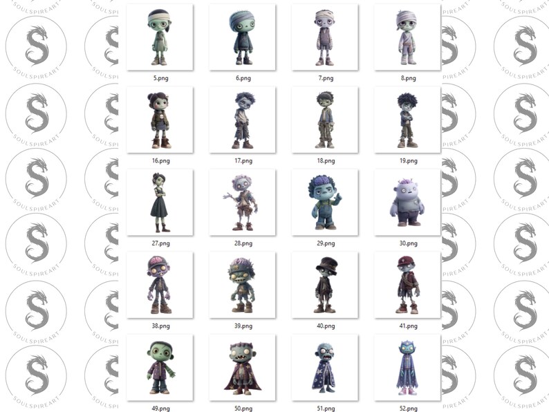 May include: A collection of digital art prints featuring various cartoon zombie characters. Each character is uniquely designed with different outfits, skin tones, and accessories. The images are labeled with numbers.