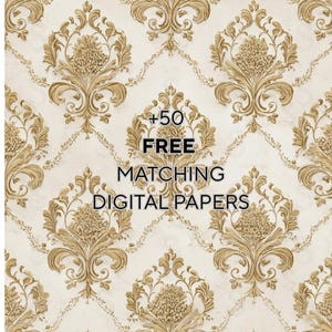 Pu&ograve; includere: Design di carta digitale con un motivo ripetuto di motivi floreali dorati su sfondo crema. Il testo "+50 FREE MATCHING DIGITAL PAPERS" &egrave; ben visibile.