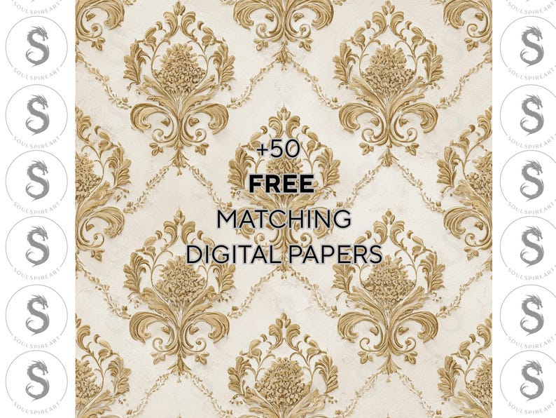 Pu&ograve; includere: Design di carta digitale con un motivo ripetuto di motivi floreali dorati su sfondo crema. Il testo "+50 FREE MATCHING DIGITAL PAPERS" &egrave; ben visibile.