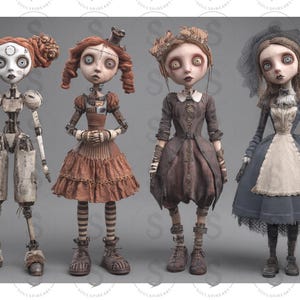 May include: Four stylized, eerie dolls with large eyes and stitched features. The dolls are dressed in vintage-inspired clothing, including dresses and a mechanical-looking doll. The color palette includes shades of brown, gray, and blue.