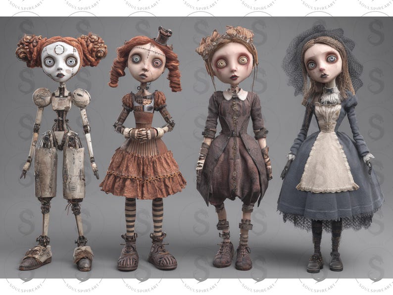 May include: Four stylized, eerie dolls with large eyes and stitched features. The dolls are dressed in vintage-inspired clothing, including dresses and a mechanical-looking doll. The color palette includes shades of brown, gray, and blue.