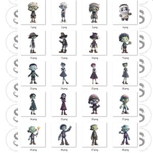 May include: A collection of digital illustrations featuring various cartoon zombies. Each zombie has a unique design, with different outfits, skin tones, and accessories. The images are labeled with numbers and the artist's logo.