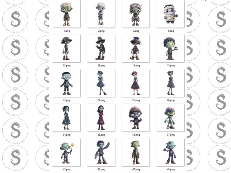 May include: A collection of digital illustrations featuring various cartoon zombies. Each zombie has a unique design, with different outfits, skin tones, and accessories. The images are labeled with numbers and the artist's logo.